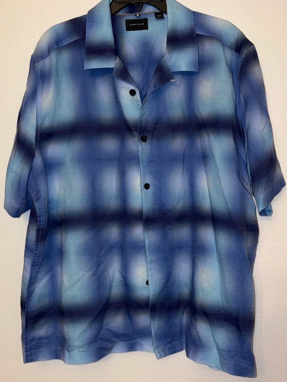 NWT Perry Ellis Liquid Cotton Slim Fit Plaid Bowling Shirt XXL Blue Camp Collar